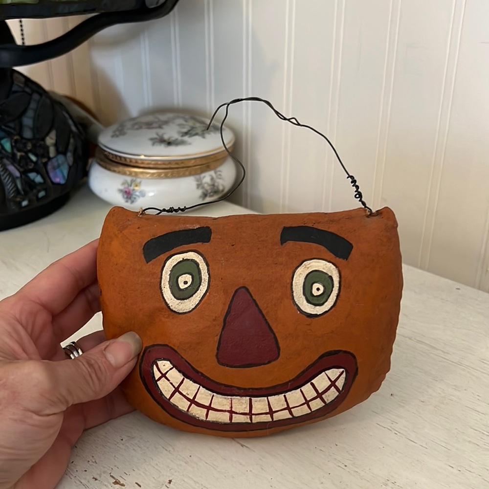 Folk Art Primitive Halloween painted pumpkin wall hanging or ornament 6.5β x 5β